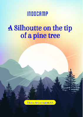A silhouette on the tip of a pine tree